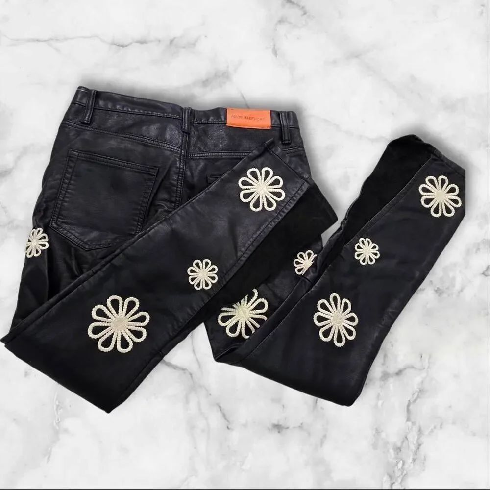 Digital Groupie Made in Effort Mens Black Floral Leather Pants Size 32
